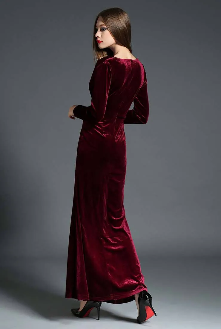 Elegant Side Slit Ruched Velvet Wrap Maxi Dress