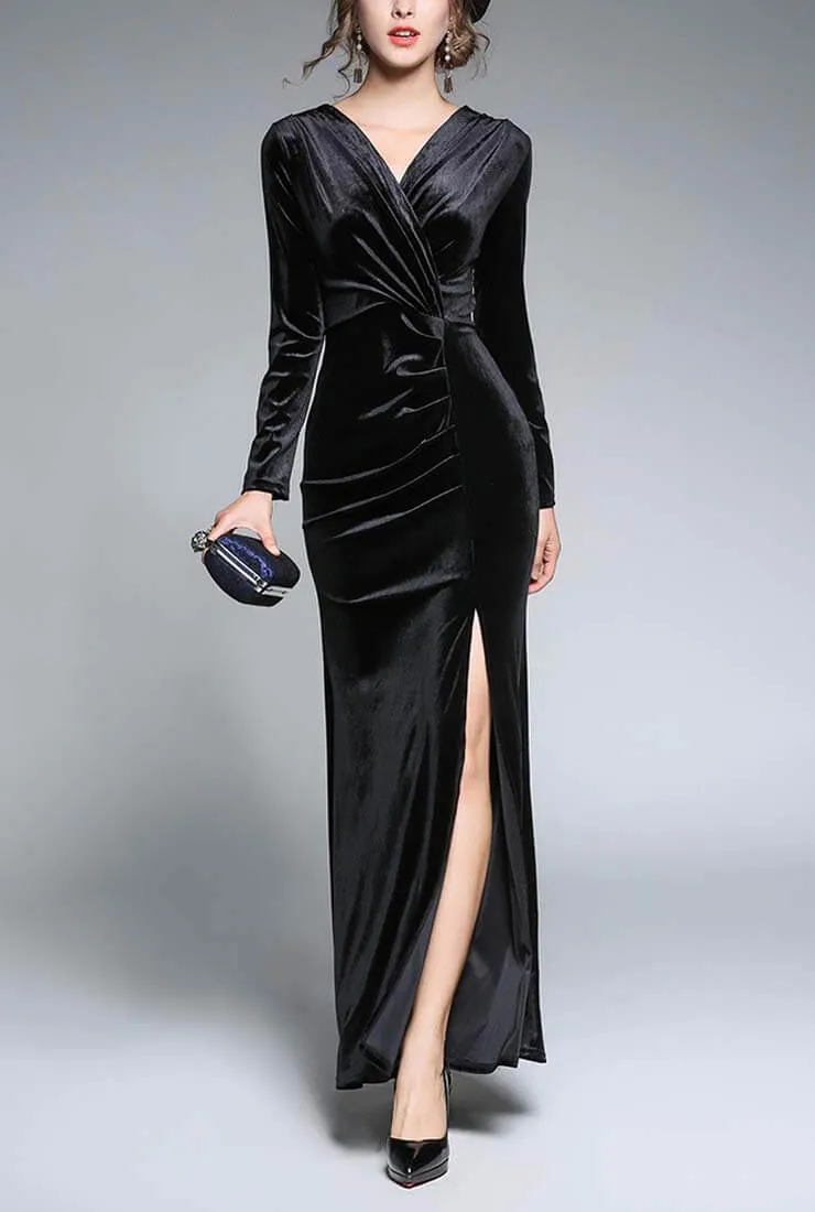 Elegant Side Slit Ruched Velvet Wrap Maxi Dress