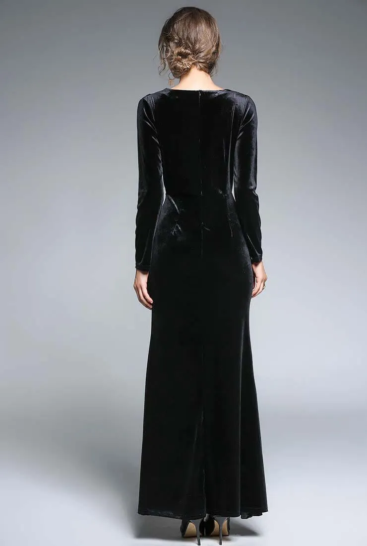 Elegant Side Slit Ruched Velvet Wrap Maxi Dress