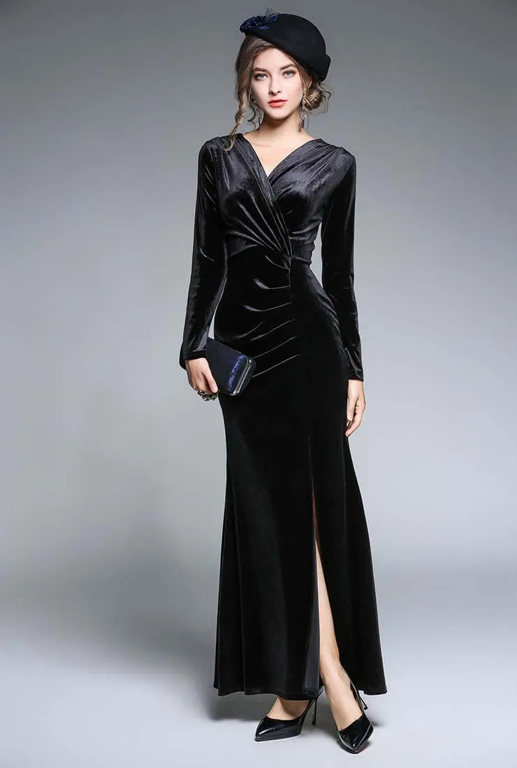 Elegant Side Slit Ruched Velvet Wrap Maxi Dress