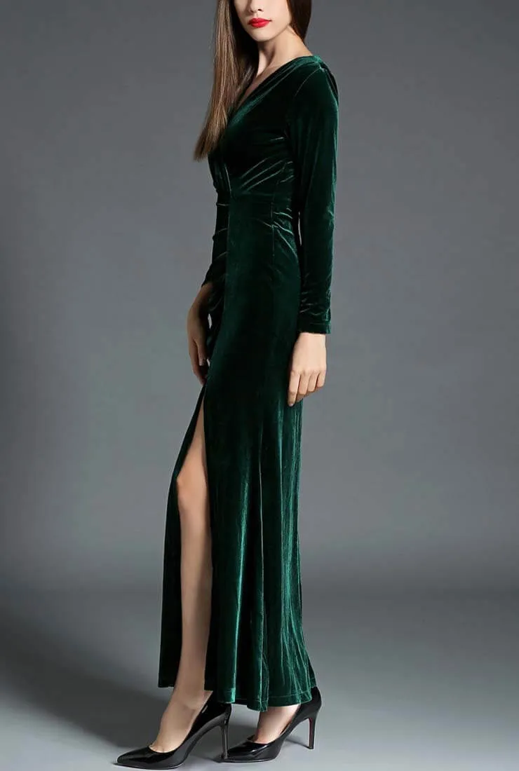 Elegant Side Slit Ruched Velvet Wrap Maxi Dress