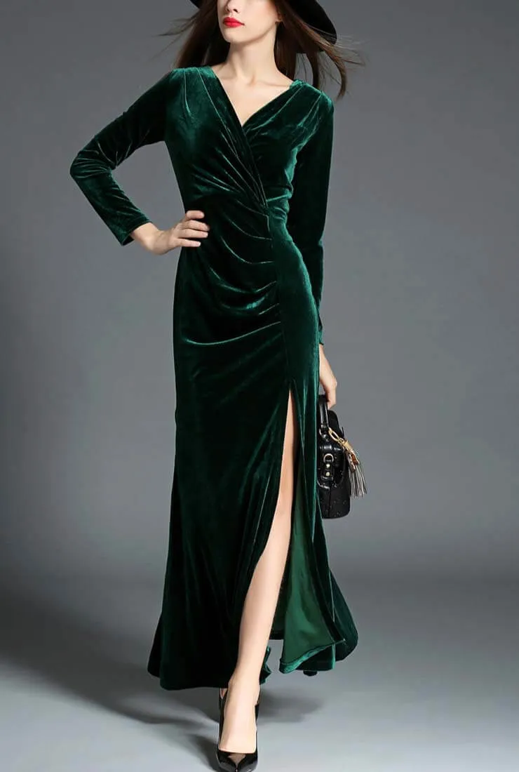 Elegant Side Slit Ruched Velvet Wrap Maxi Dress