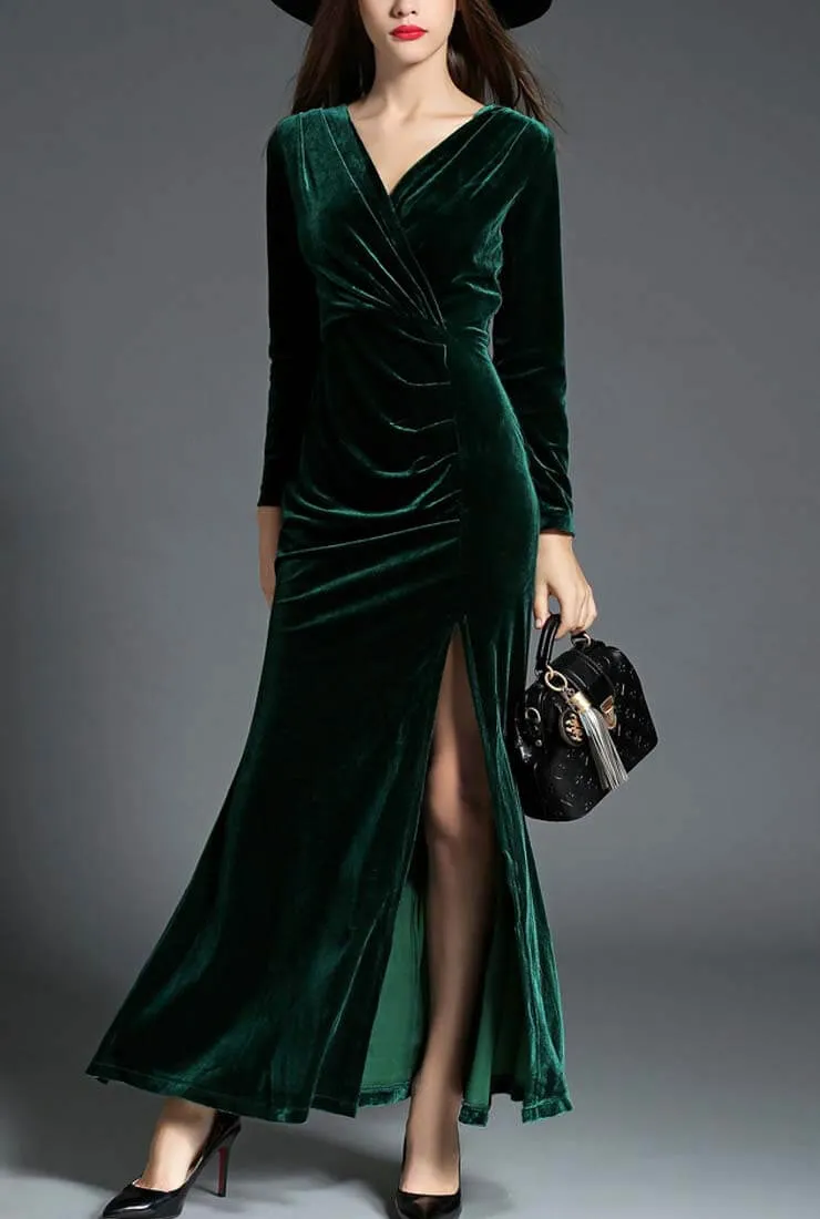 Elegant Side Slit Ruched Velvet Wrap Maxi Dress