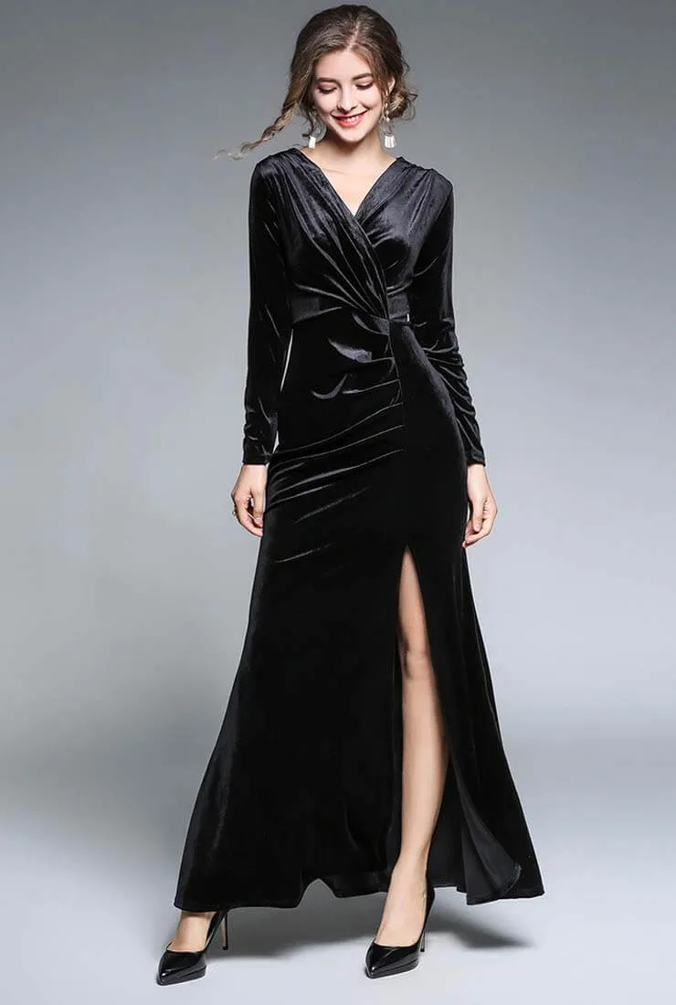 Elegant Side Slit Ruched Velvet Wrap Maxi Dress