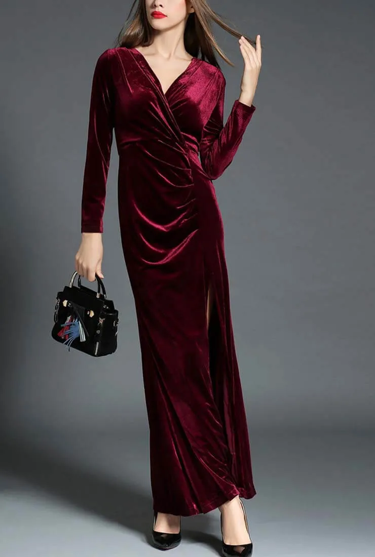 Elegant Side Slit Ruched Velvet Wrap Maxi Dress