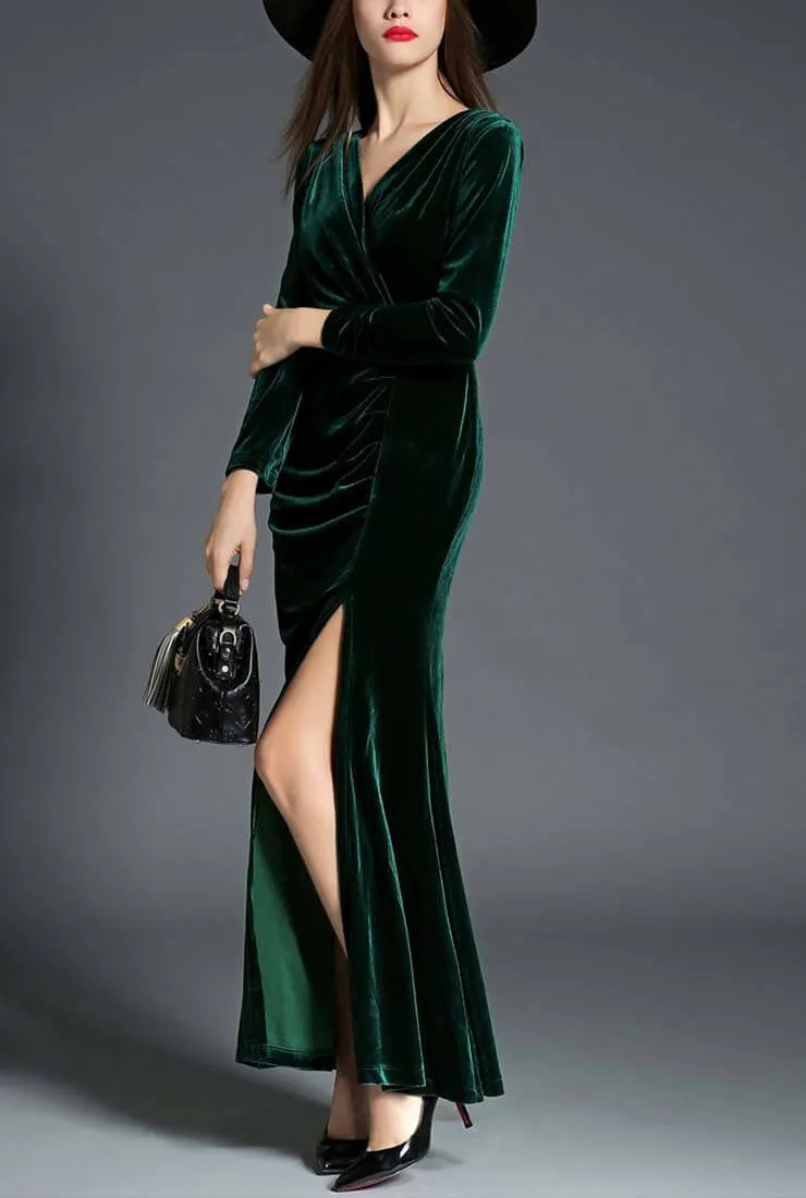 Elegant Side Slit Ruched Velvet Wrap Maxi Dress