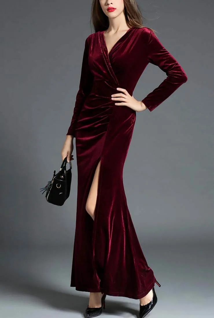 Elegant Side Slit Ruched Velvet Wrap Maxi Dress