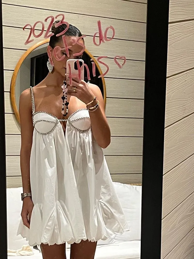 Embellished Crystal Trim Cotton Scallop Hem Bustier Poplin Mini Dress