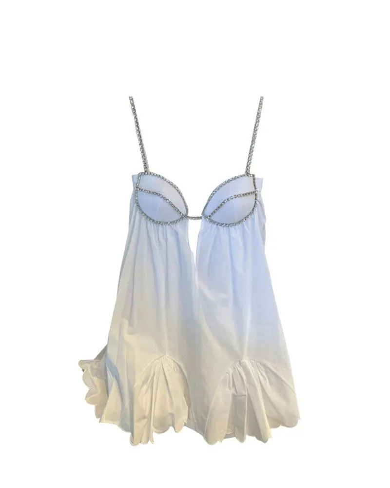 Embellished Crystal Trim Cotton Scallop Hem Bustier Poplin Mini Dress