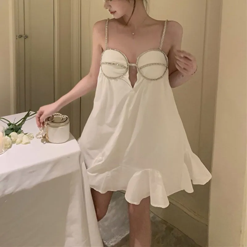 Embellished Crystal Trim Cotton Scallop Hem Bustier Poplin Mini Dress