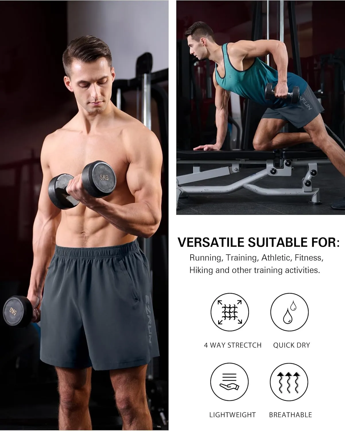 EZRUN Men's Athletic Running Shorts 7 inch Quick Dry Exercise Tennis Shorts Lightweight Workout Gym Shorts