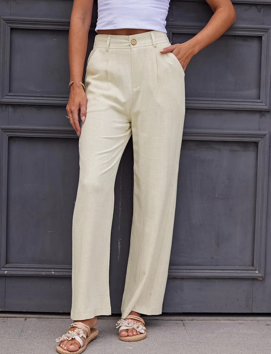 Fakanhui Women's Linen Dressy Work Casual Pants Summer Business Straight Wide Leg Cotton Linen Trouser Pants