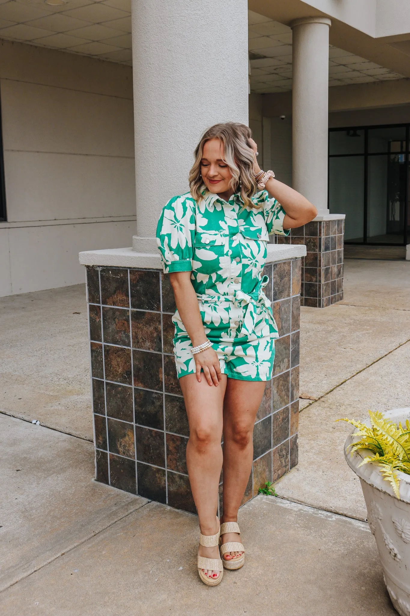 Find Me In The Tropics Cream Green Denim Romper