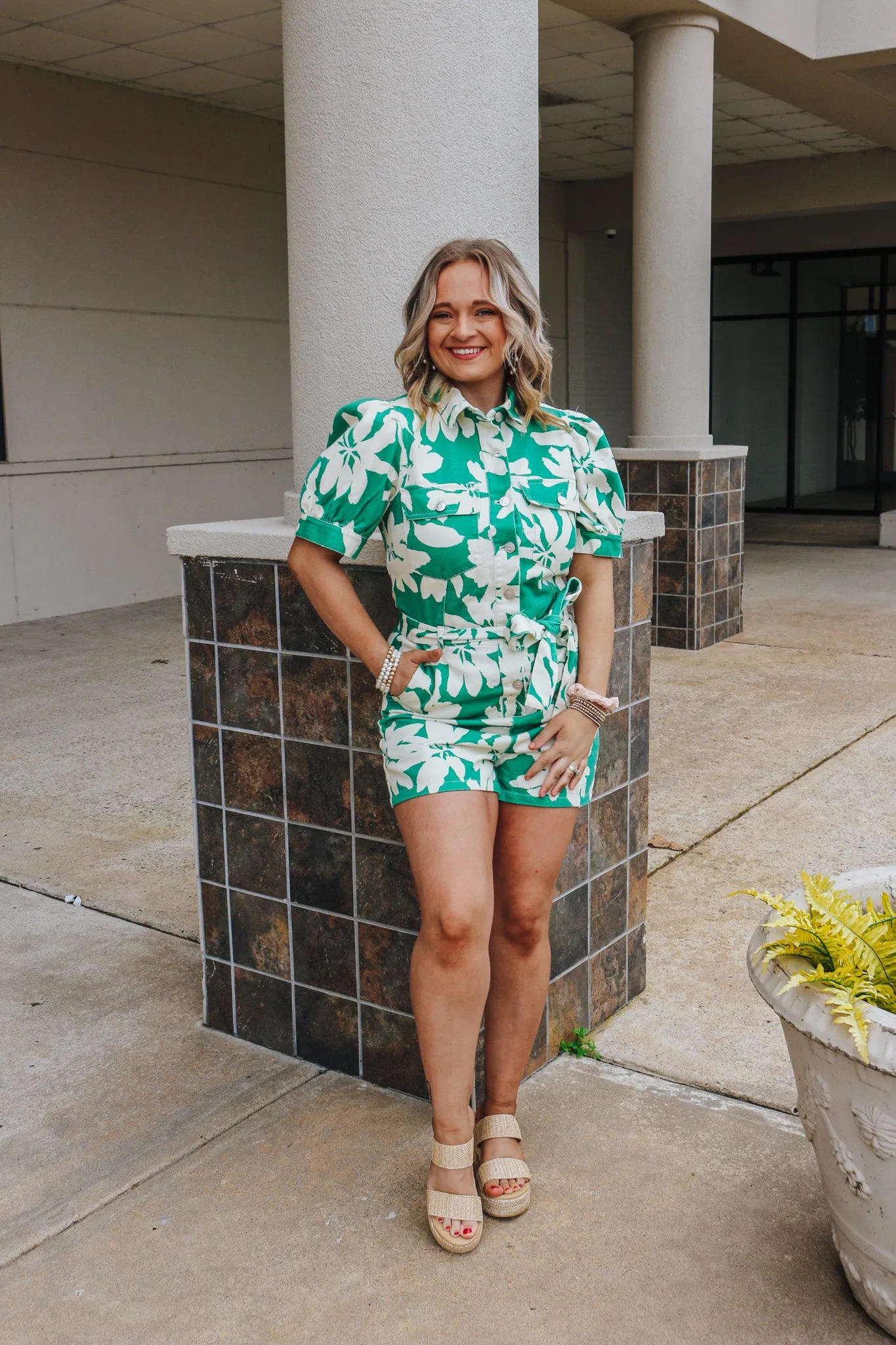 Find Me In The Tropics Cream Green Denim Romper