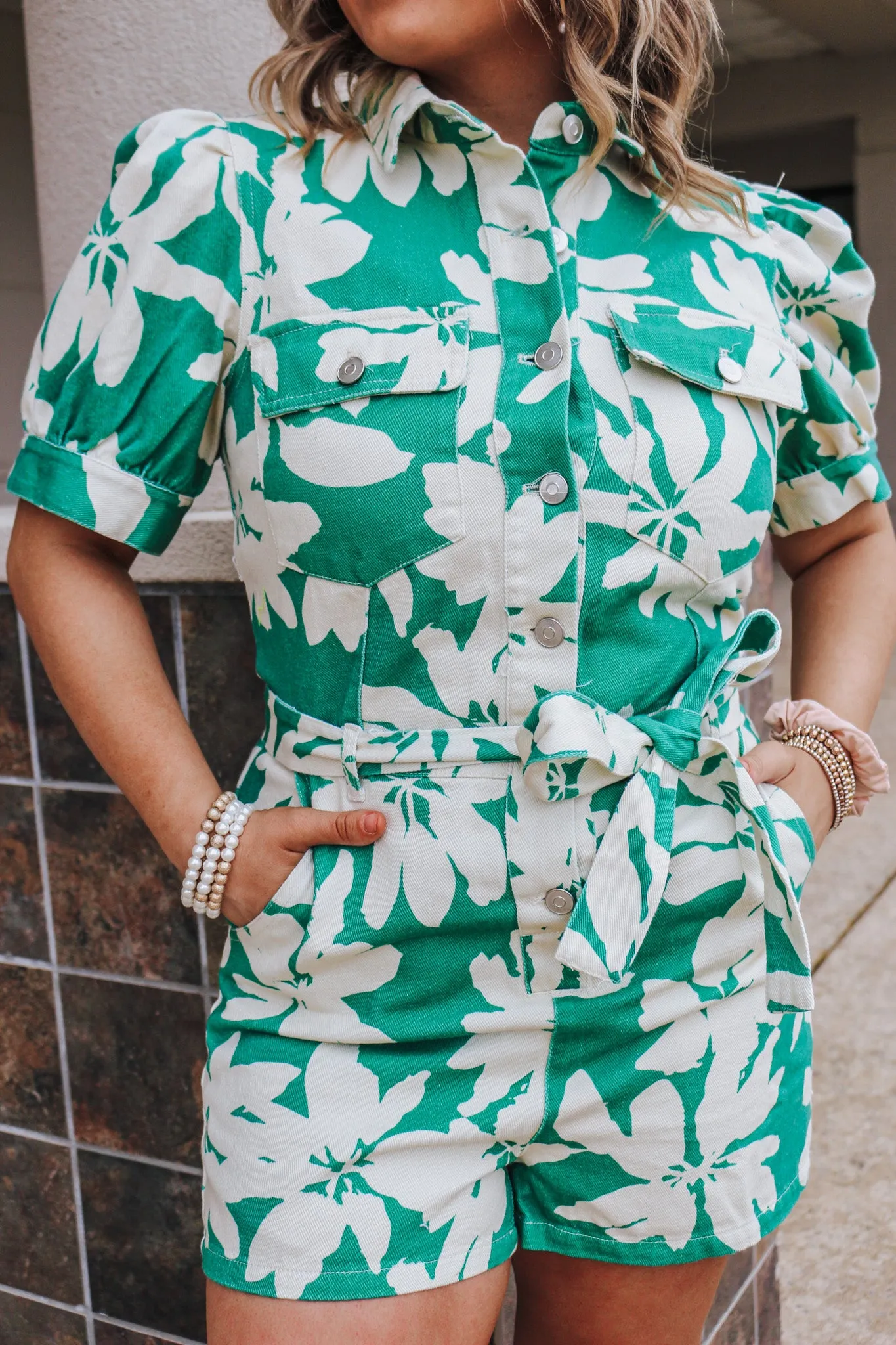 Find Me In The Tropics Cream Green Denim Romper
