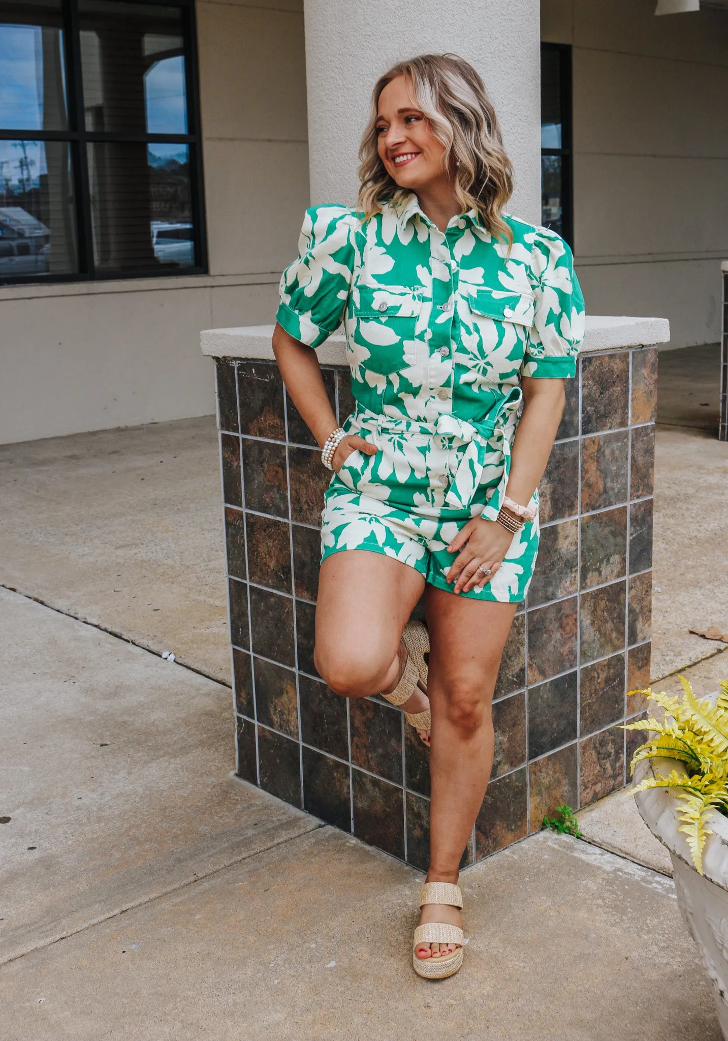 Find Me In The Tropics Cream Green Denim Romper