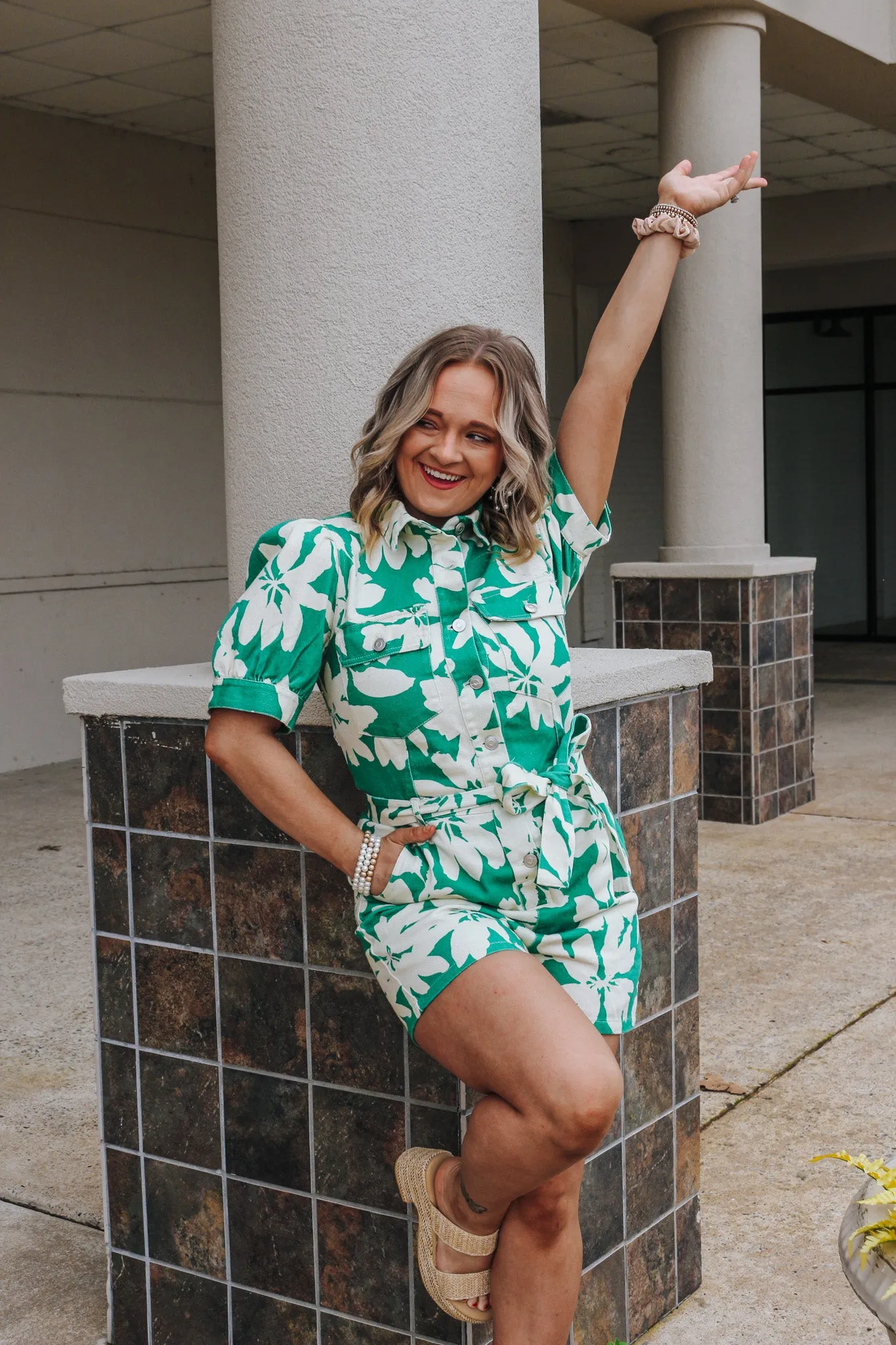 Find Me In The Tropics Cream Green Denim Romper