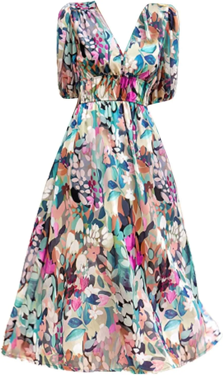 Floral Dress for Women Casual Ruched V Neck Long Dress Half Puff Sleeve Elastic Waist Boho Maxi Dress Summer Dresses