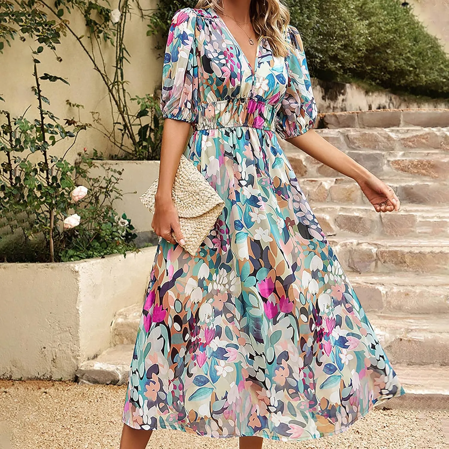 Floral Dress for Women Casual Ruched V Neck Long Dress Half Puff Sleeve Elastic Waist Boho Maxi Dress Summer Dresses