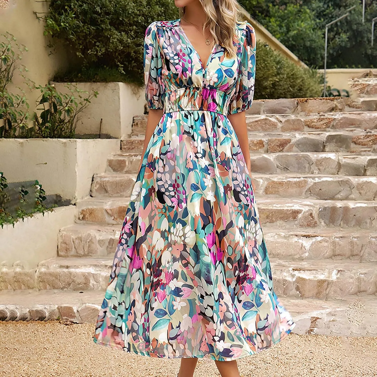 Floral Dress for Women Casual Ruched V Neck Long Dress Half Puff Sleeve Elastic Waist Boho Maxi Dress Summer Dresses