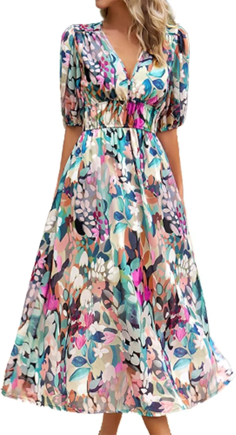 Floral Dress for Women Casual Ruched V Neck Long Dress Half Puff Sleeve Elastic Waist Boho Maxi Dress Summer Dresses