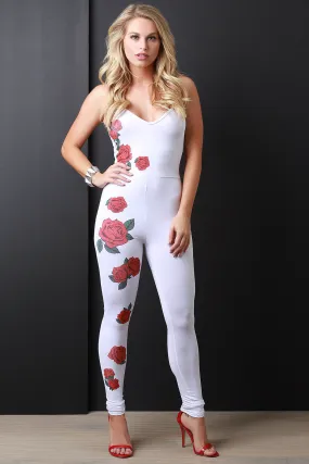 Floral Print Spaghetti Strap Stretchy Jumpsuit