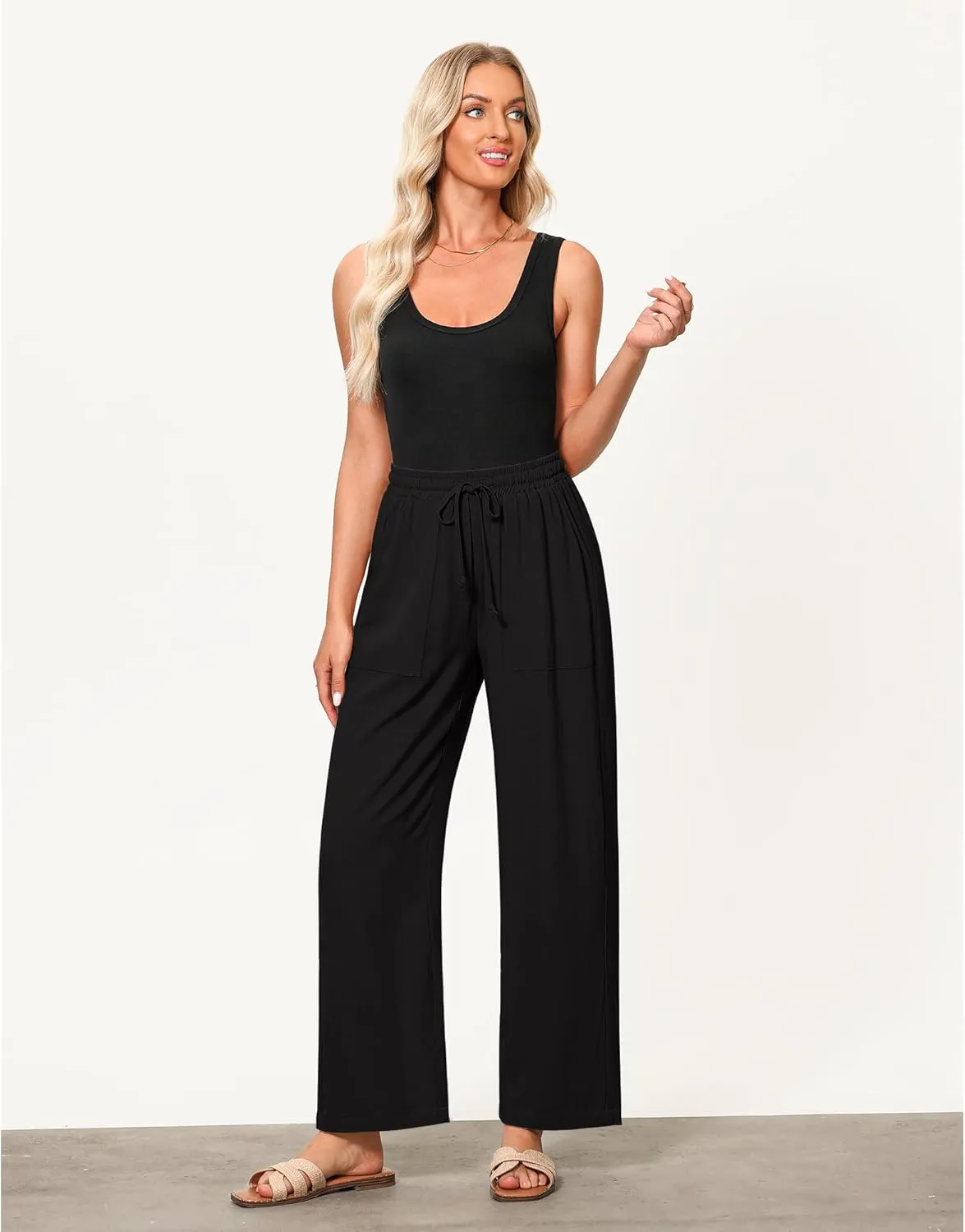 GRAPENT Linen Pants for Women Wide Leg High Waisted Baggy Drawstring Elastic Waist Palazzo Trousers Pants with Pockets