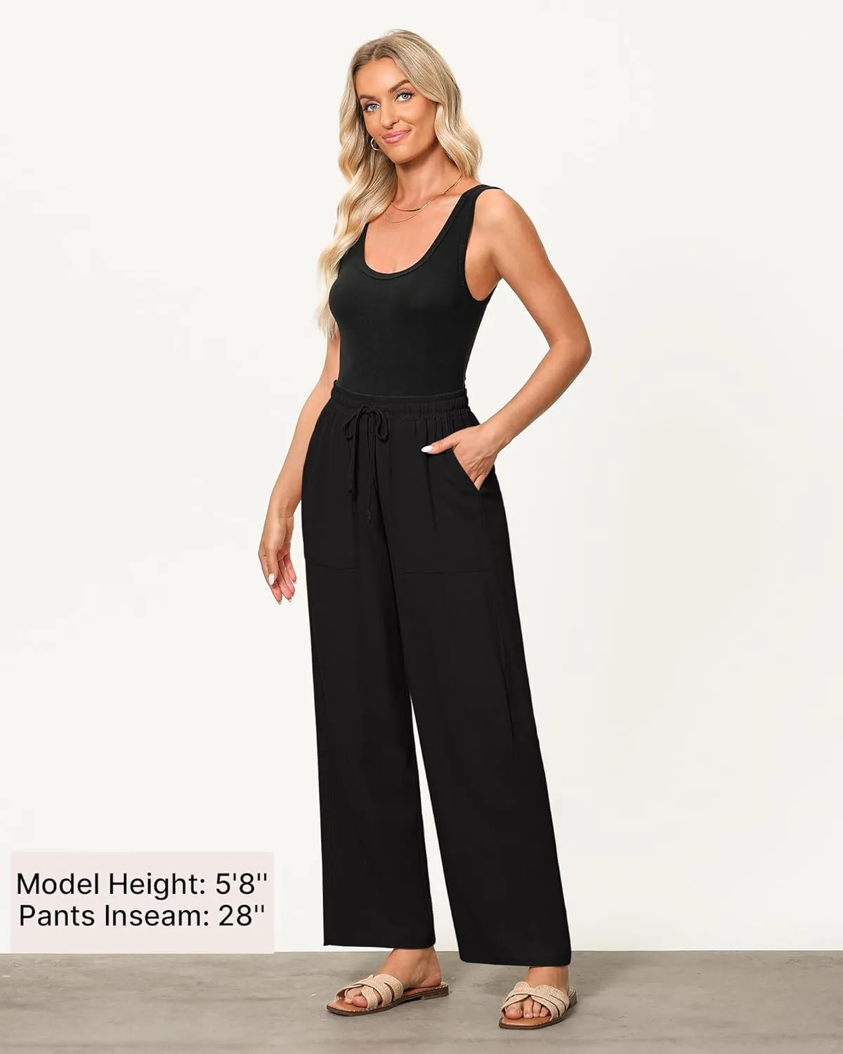 GRAPENT Linen Pants for Women Wide Leg High Waisted Baggy Drawstring Elastic Waist Palazzo Trousers Pants with Pockets
