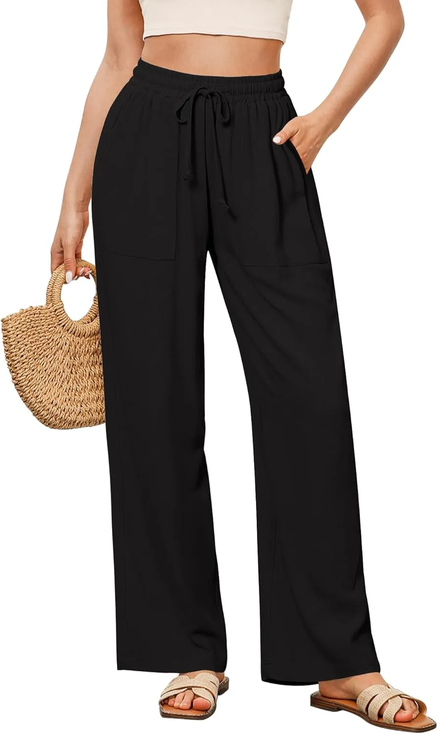 GRAPENT Linen Pants for Women Wide Leg High Waisted Baggy Drawstring Elastic Waist Palazzo Trousers Pants with Pockets