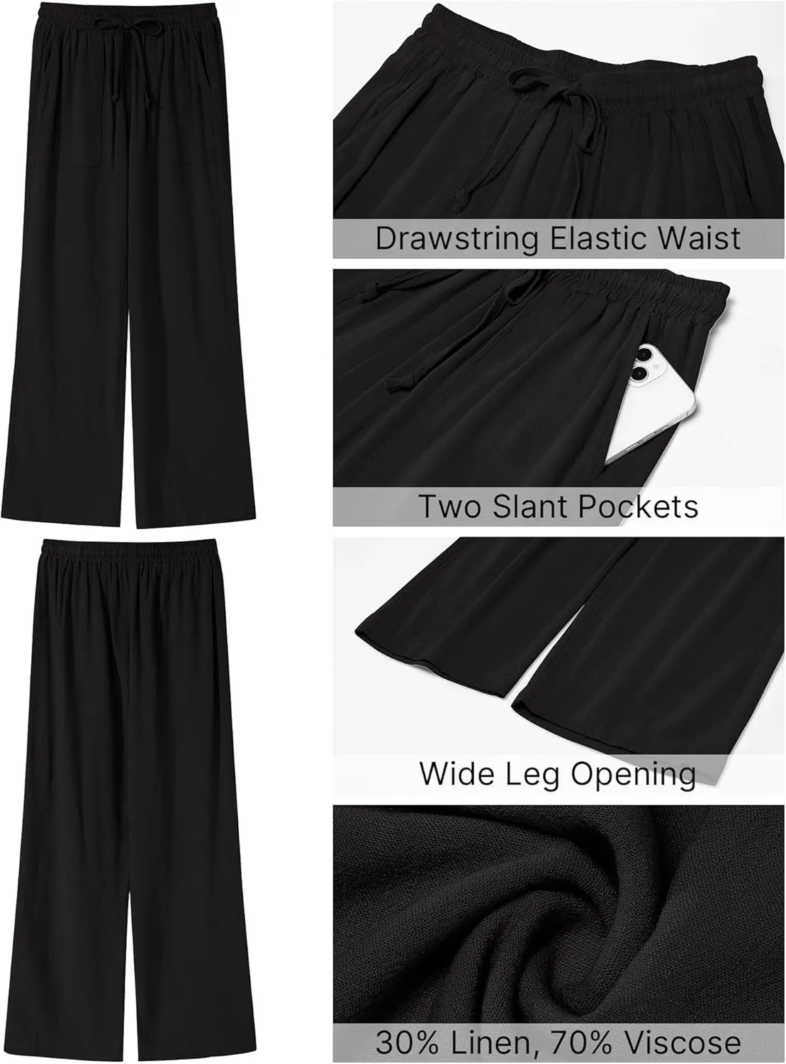 GRAPENT Linen Pants for Women Wide Leg High Waisted Baggy Drawstring Elastic Waist Palazzo Trousers Pants with Pockets