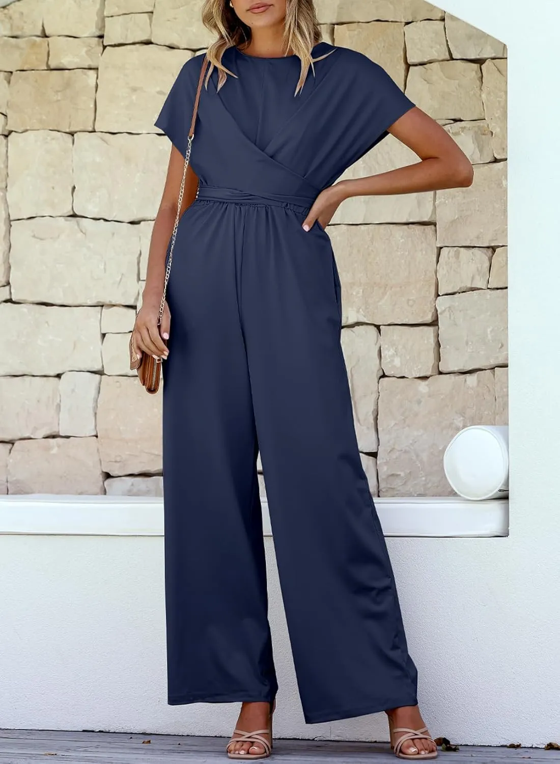 Happy Sailed Women Jumpsuits Dressy Short Sleeve Front Crisscross Tie Waist Belted Wide Leg Pant Romper with Pockets