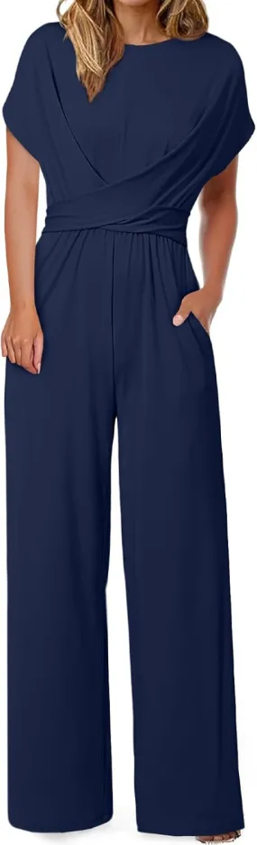 Happy Sailed Women Jumpsuits Dressy Short Sleeve Front Crisscross Tie Waist Belted Wide Leg Pant Romper with Pockets