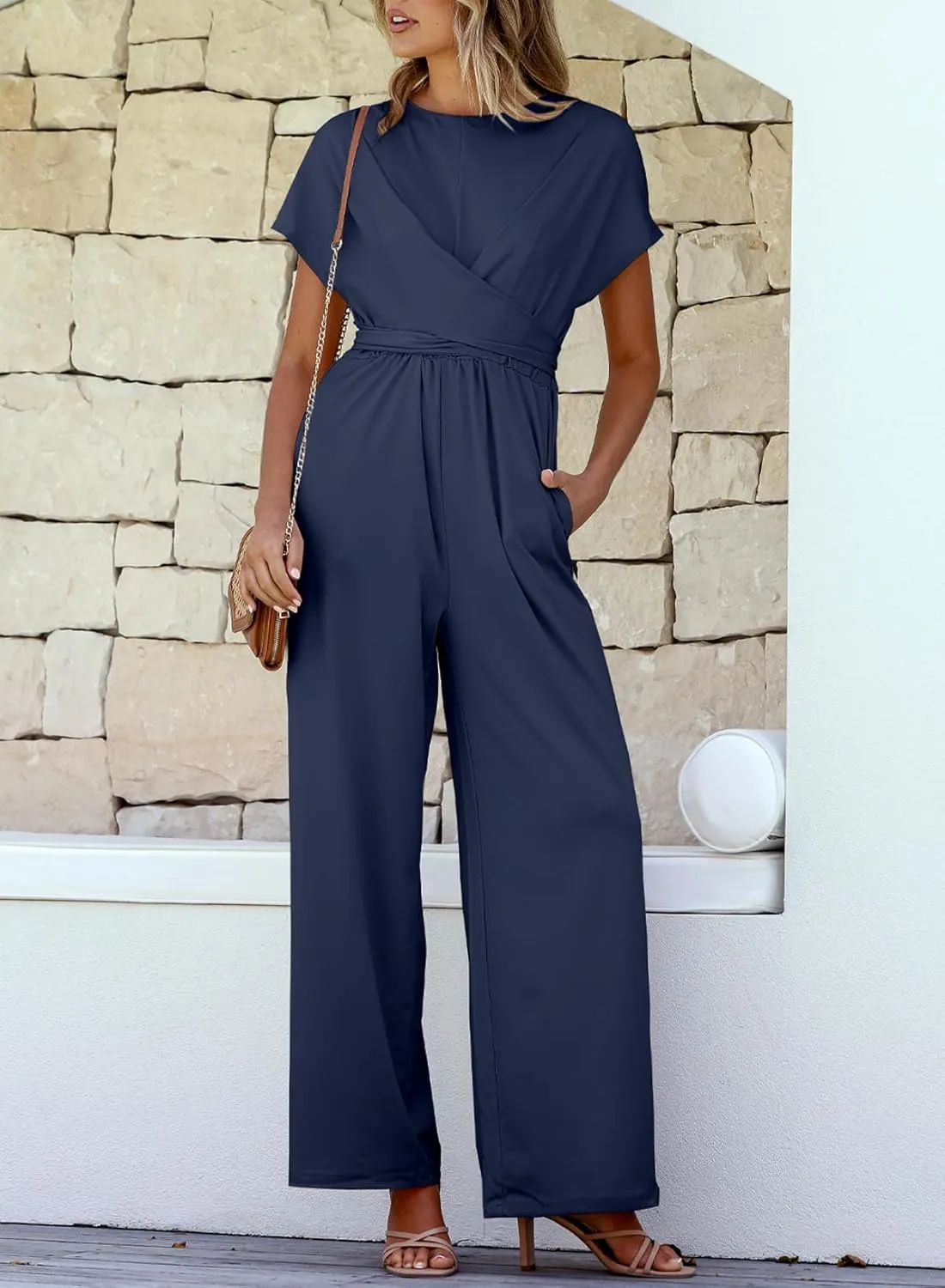 Happy Sailed Women Jumpsuits Dressy Short Sleeve Front Crisscross Tie Waist Belted Wide Leg Pant Romper with Pockets