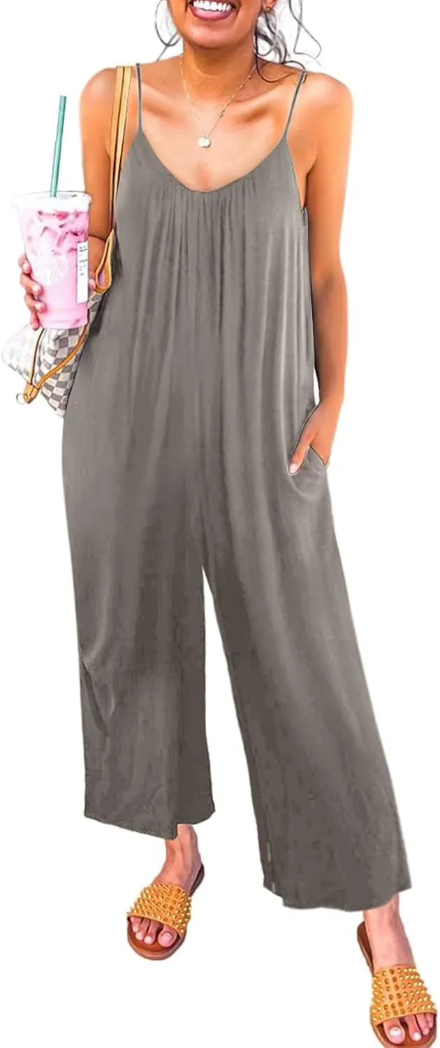 Happy Sailed Womens Casual Jumpsuits Loose Overalls Summer Sleeveless Stretchy Wide Leg Long Pants Romper with Pockets