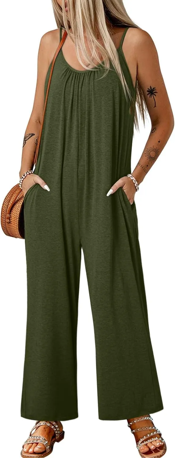 Happy Sailed Womens Casual Jumpsuits Loose Overalls Summer Sleeveless Stretchy Wide Leg Long Pants Romper with Pockets