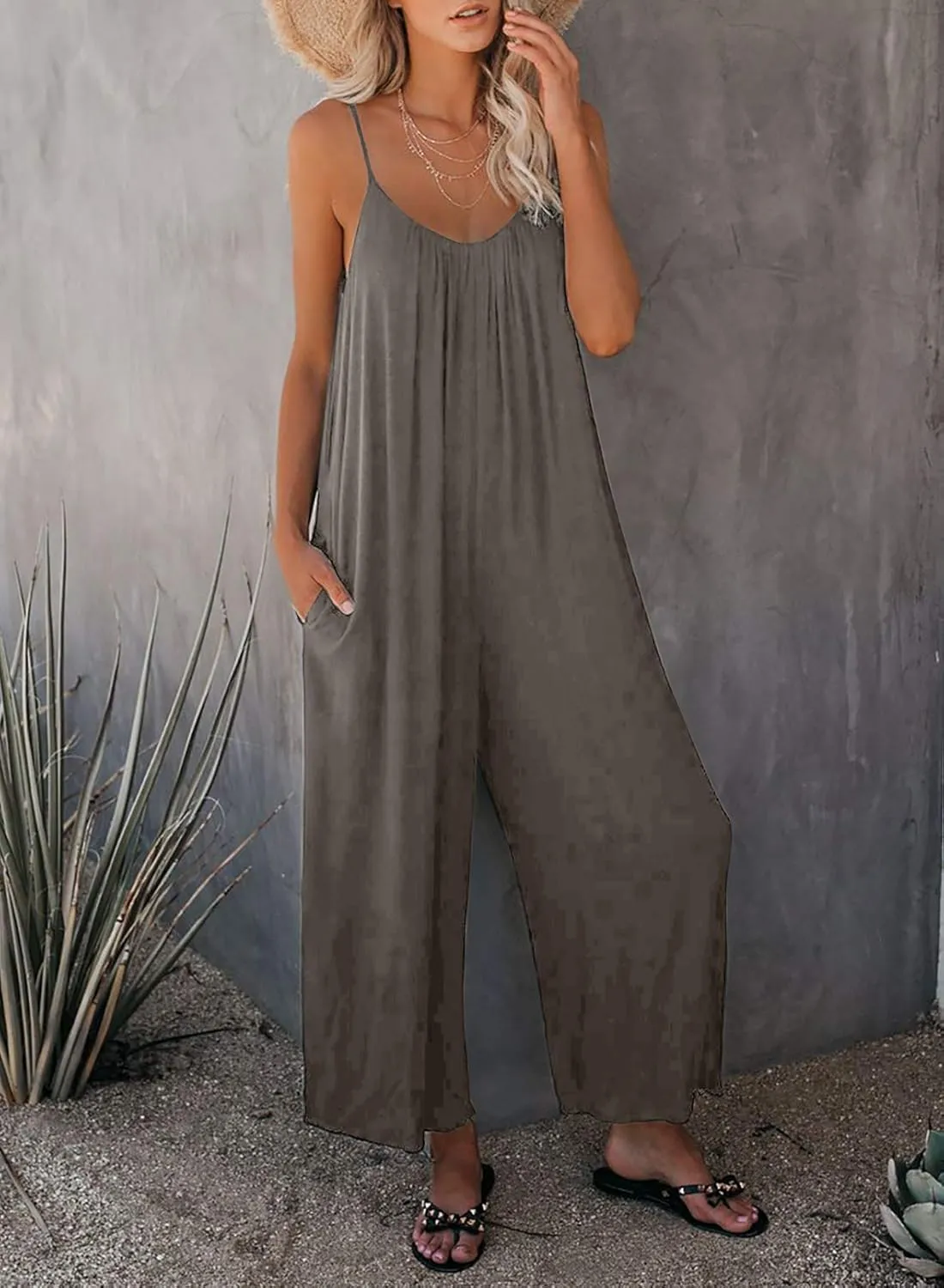 Happy Sailed Womens Casual Jumpsuits Loose Overalls Summer Sleeveless Stretchy Wide Leg Long Pants Romper with Pockets