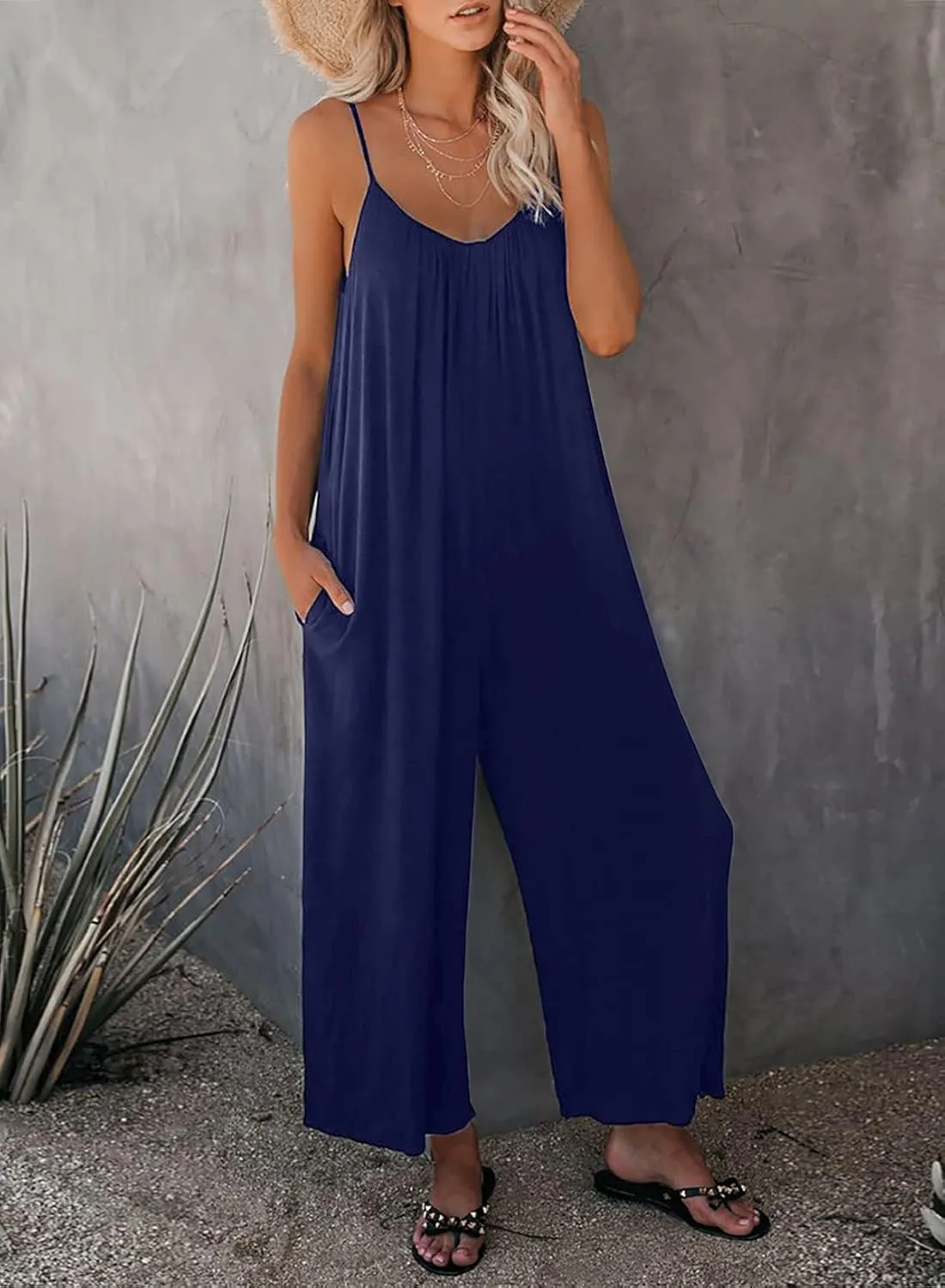 Happy Sailed Womens Casual Jumpsuits Loose Overalls Summer Sleeveless Stretchy Wide Leg Long Pants Romper with Pockets