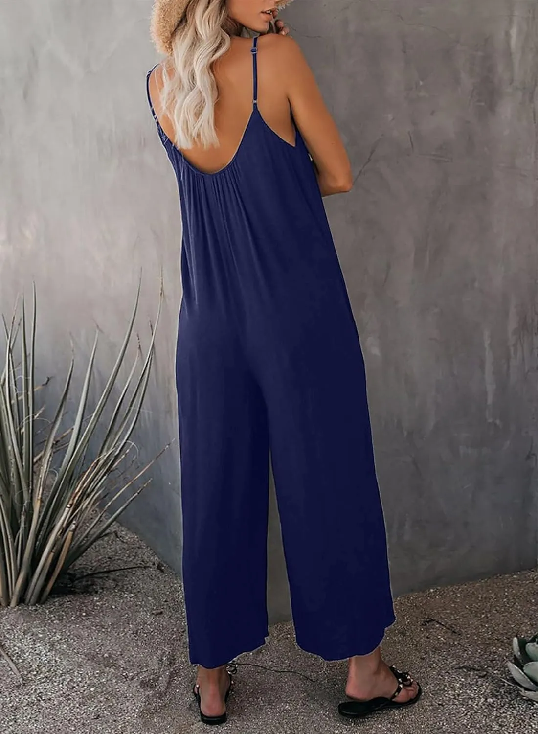 Happy Sailed Womens Casual Jumpsuits Loose Overalls Summer Sleeveless Stretchy Wide Leg Long Pants Romper with Pockets