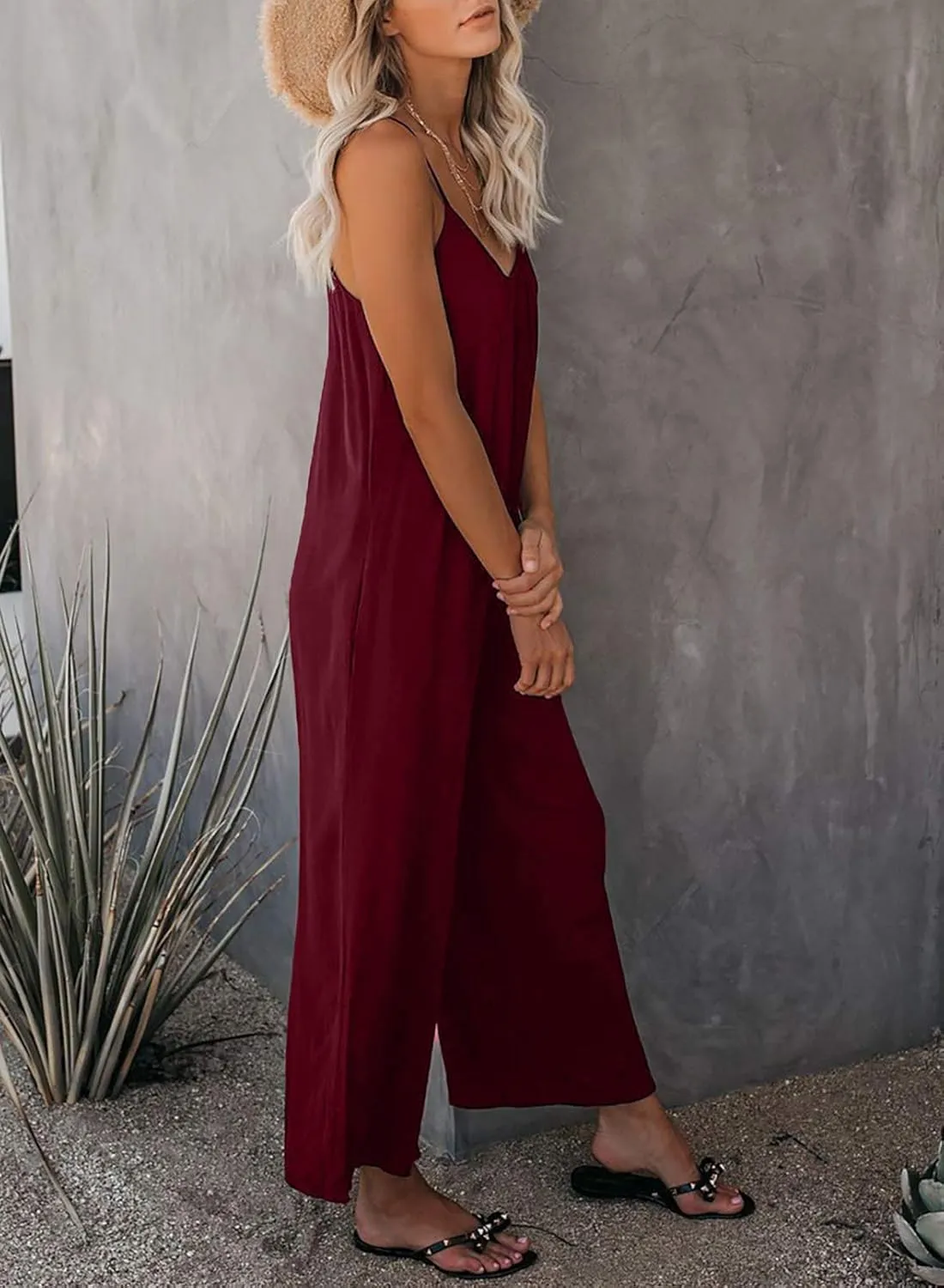 Happy Sailed Womens Casual Jumpsuits Loose Overalls Summer Sleeveless Stretchy Wide Leg Long Pants Romper with Pockets