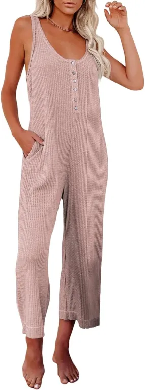 Happy Sailed Womens Casual Sleeveless Front Button Loose Jumpsuits Stretchy Knit Jumpers Long Pants Romper with Pockets
