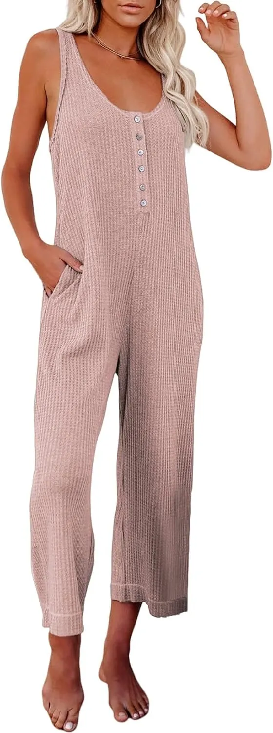 Happy Sailed Womens Casual Sleeveless Front Button Loose Jumpsuits Stretchy Knit Jumpers Long Pants Romper with Pockets