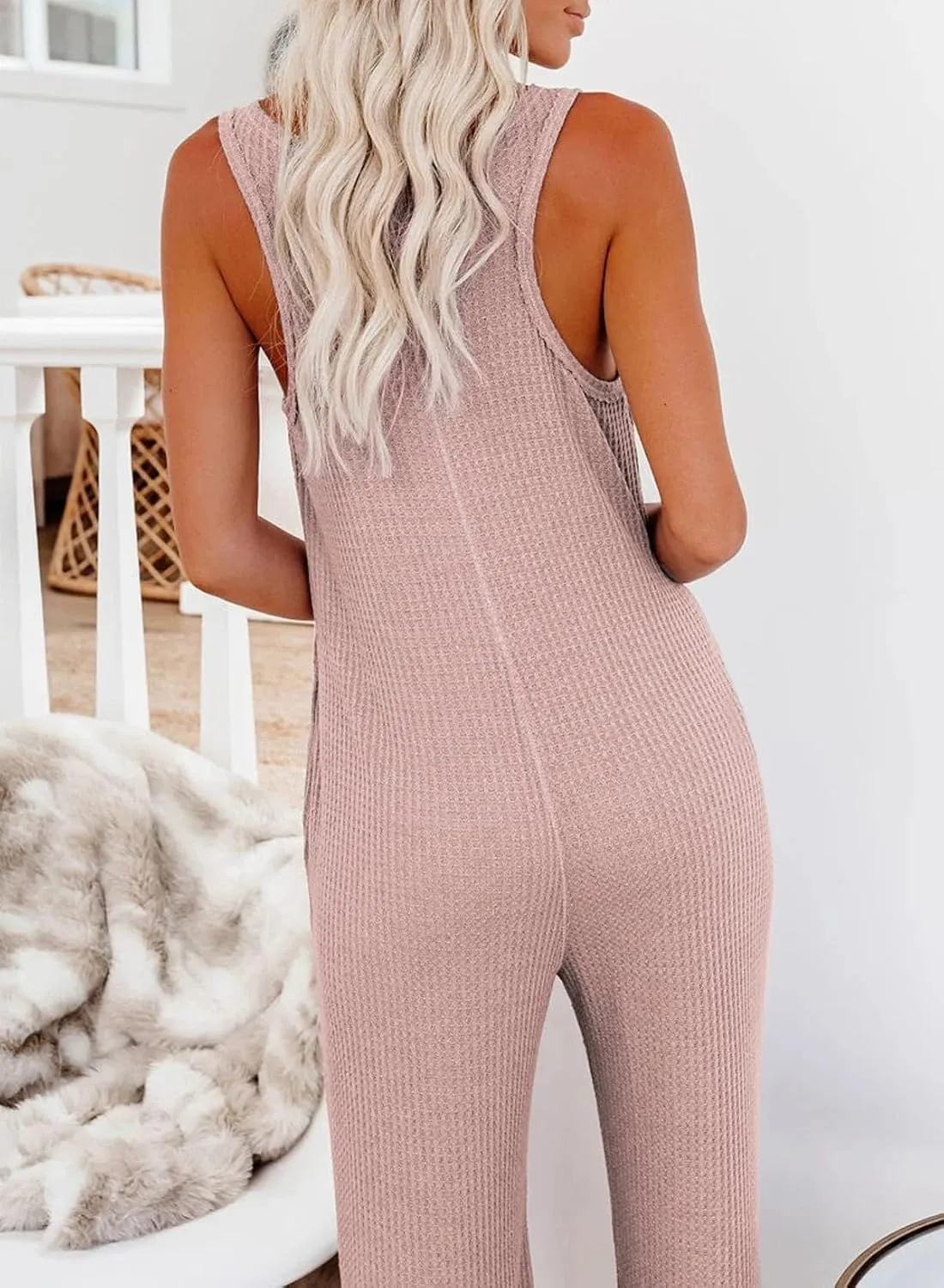 Happy Sailed Womens Casual Sleeveless Front Button Loose Jumpsuits Stretchy Knit Jumpers Long Pants Romper with Pockets