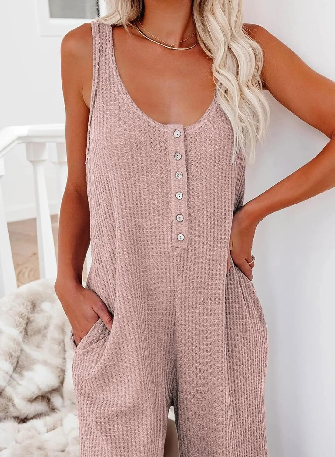Happy Sailed Womens Casual Sleeveless Front Button Loose Jumpsuits Stretchy Knit Jumpers Long Pants Romper with Pockets