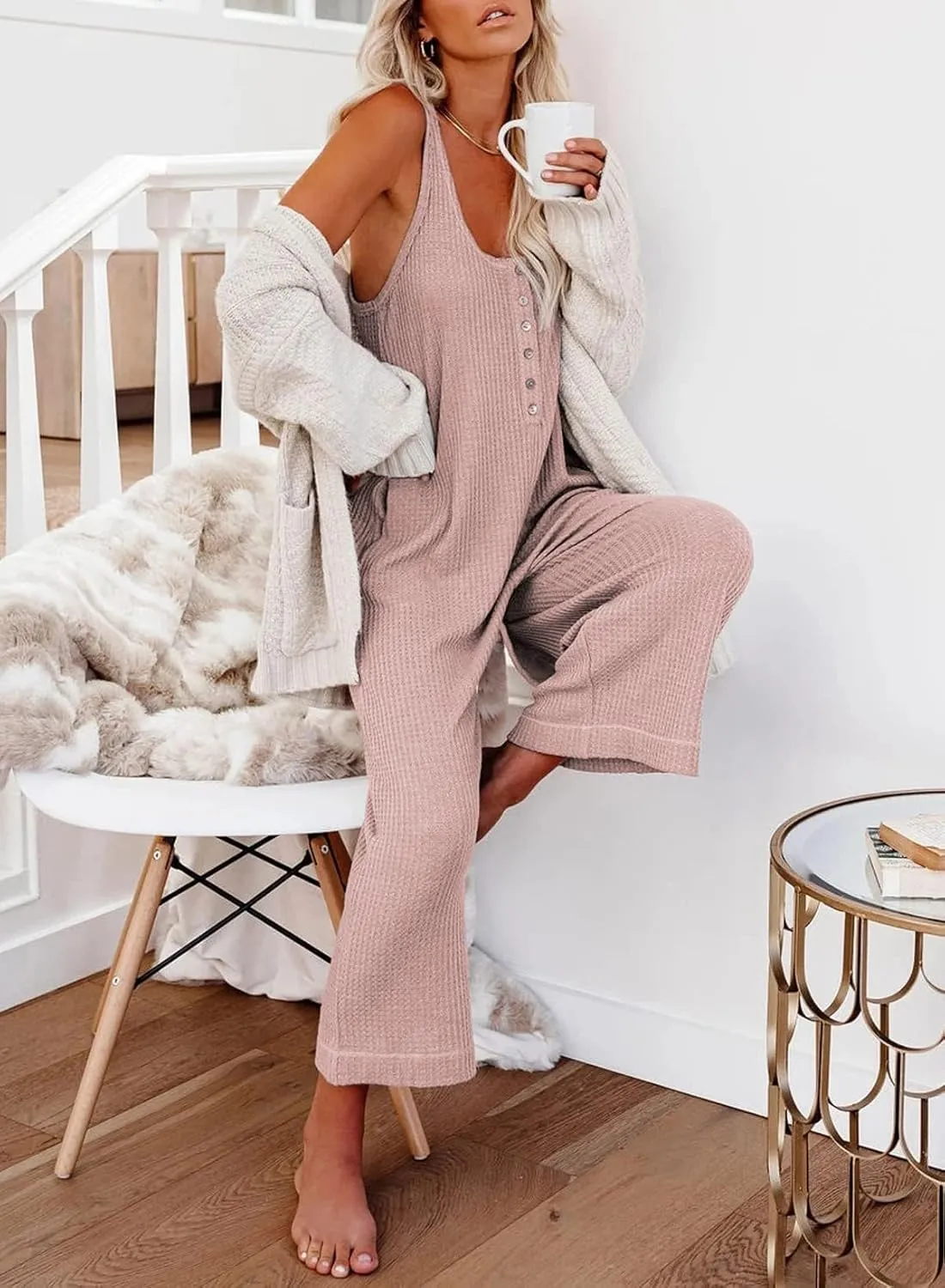 Happy Sailed Womens Casual Sleeveless Front Button Loose Jumpsuits Stretchy Knit Jumpers Long Pants Romper with Pockets