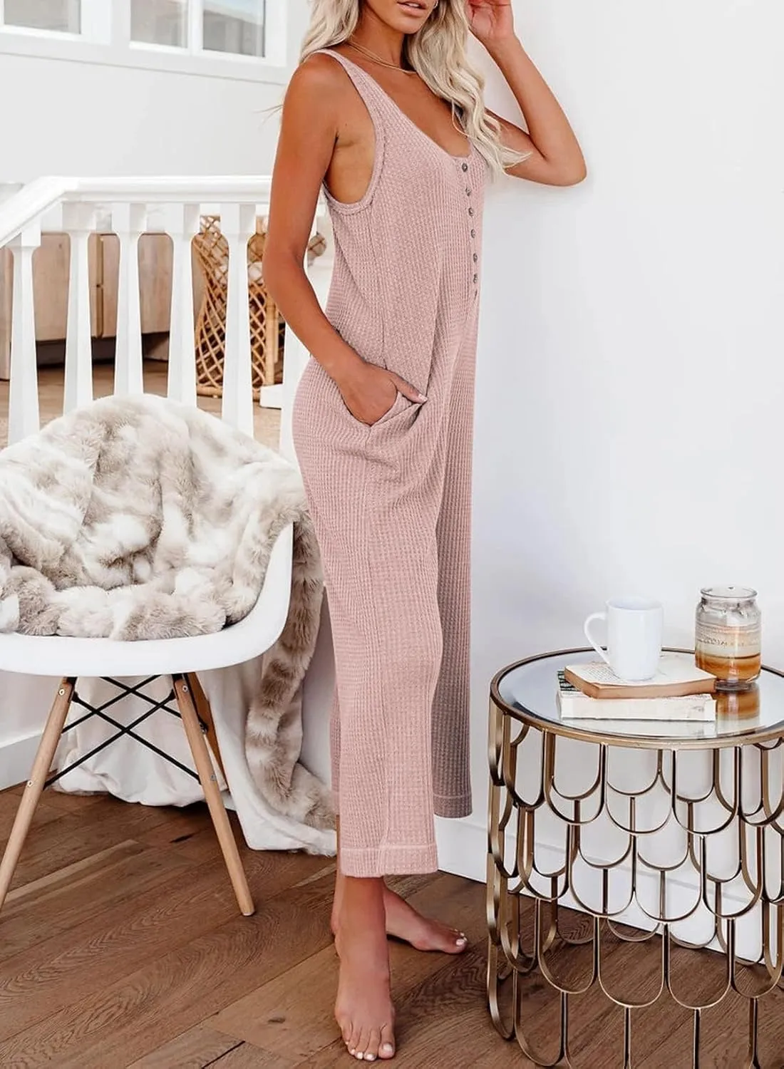 Happy Sailed Womens Casual Sleeveless Front Button Loose Jumpsuits Stretchy Knit Jumpers Long Pants Romper with Pockets