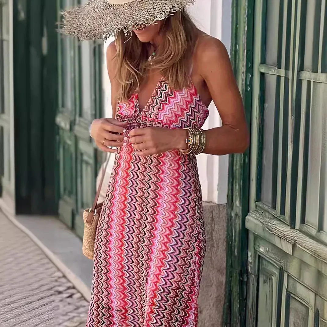 Holiday Printed Beach Long Women New Fashion Bohemian Printed V-Neck Sling Vintage Maxi Dress