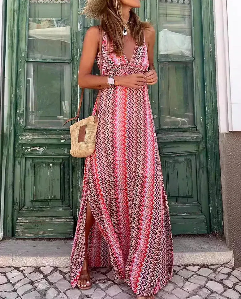 Holiday Printed Beach Long Women New Fashion Bohemian Printed V-Neck Sling Vintage Maxi Dress