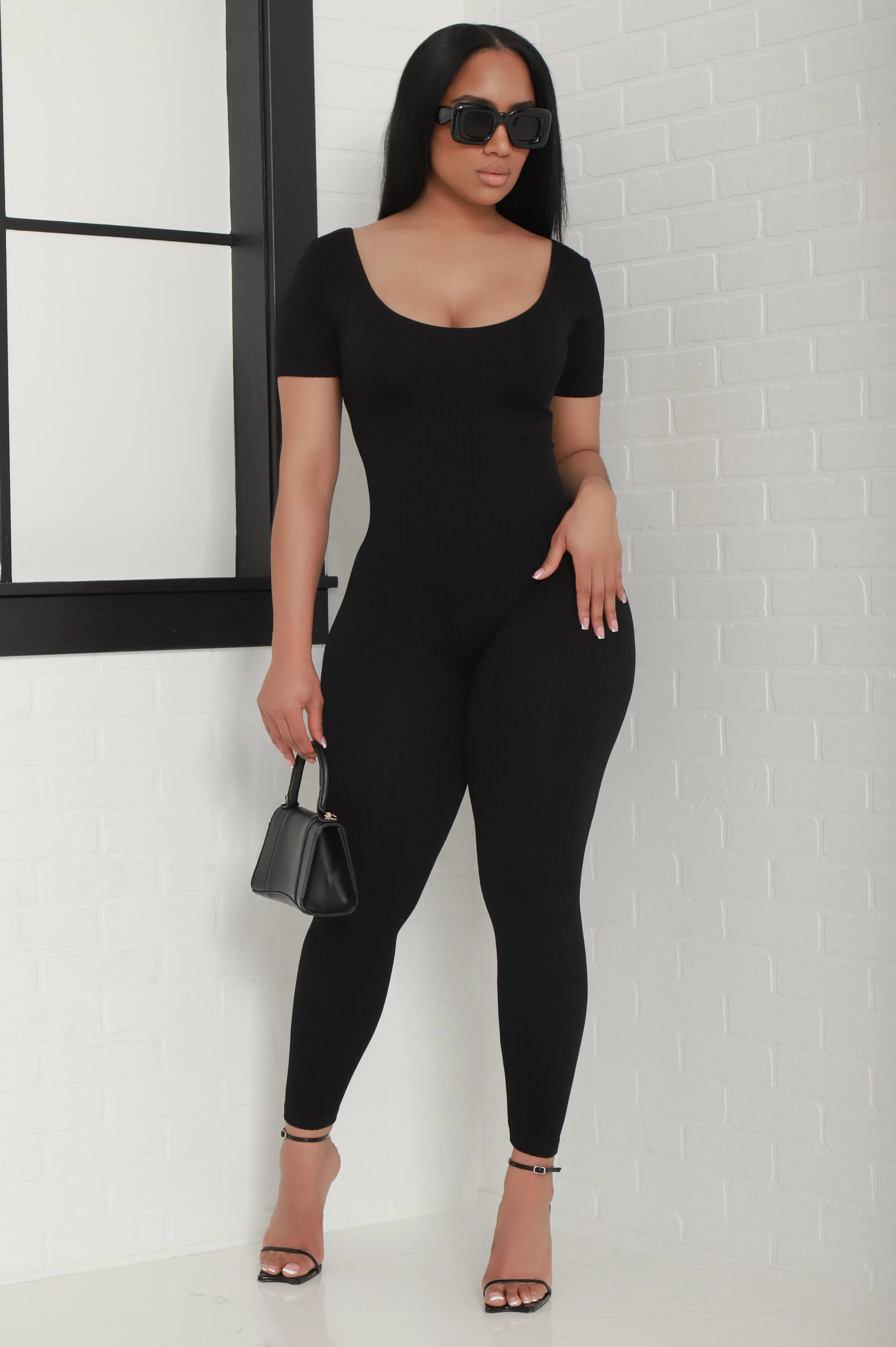 Hustle Hard Short Sleeve Ribbed Jumpsuit - Black