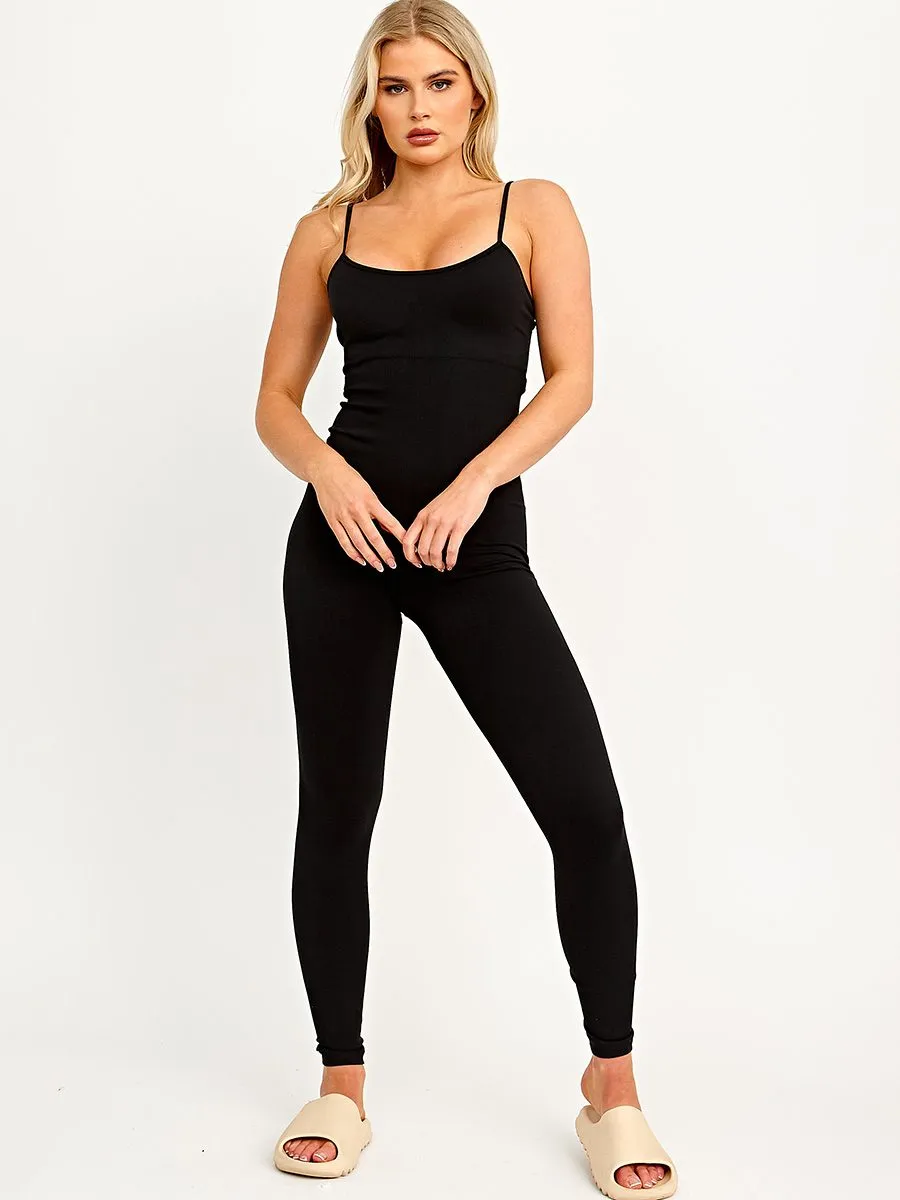 Korie Strappy Ribbed Basic Jumpsuit In Black