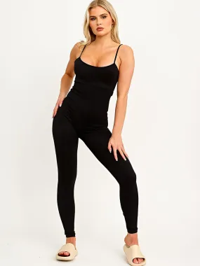 Korie Strappy Ribbed Basic Jumpsuit In Black